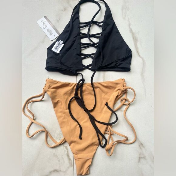 Nwt Dippin’ Daisy’s Ensenada high waist strap nude black lace up bikini - Picture 2 of 3